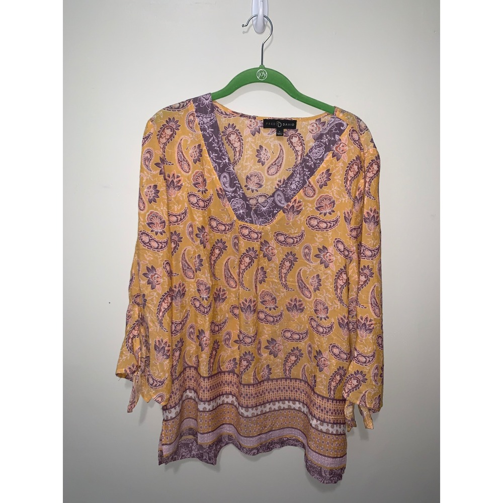 Fred David Yellow Purple Paisley Boho V-Neck Blouse with Tie Sleeves Size L